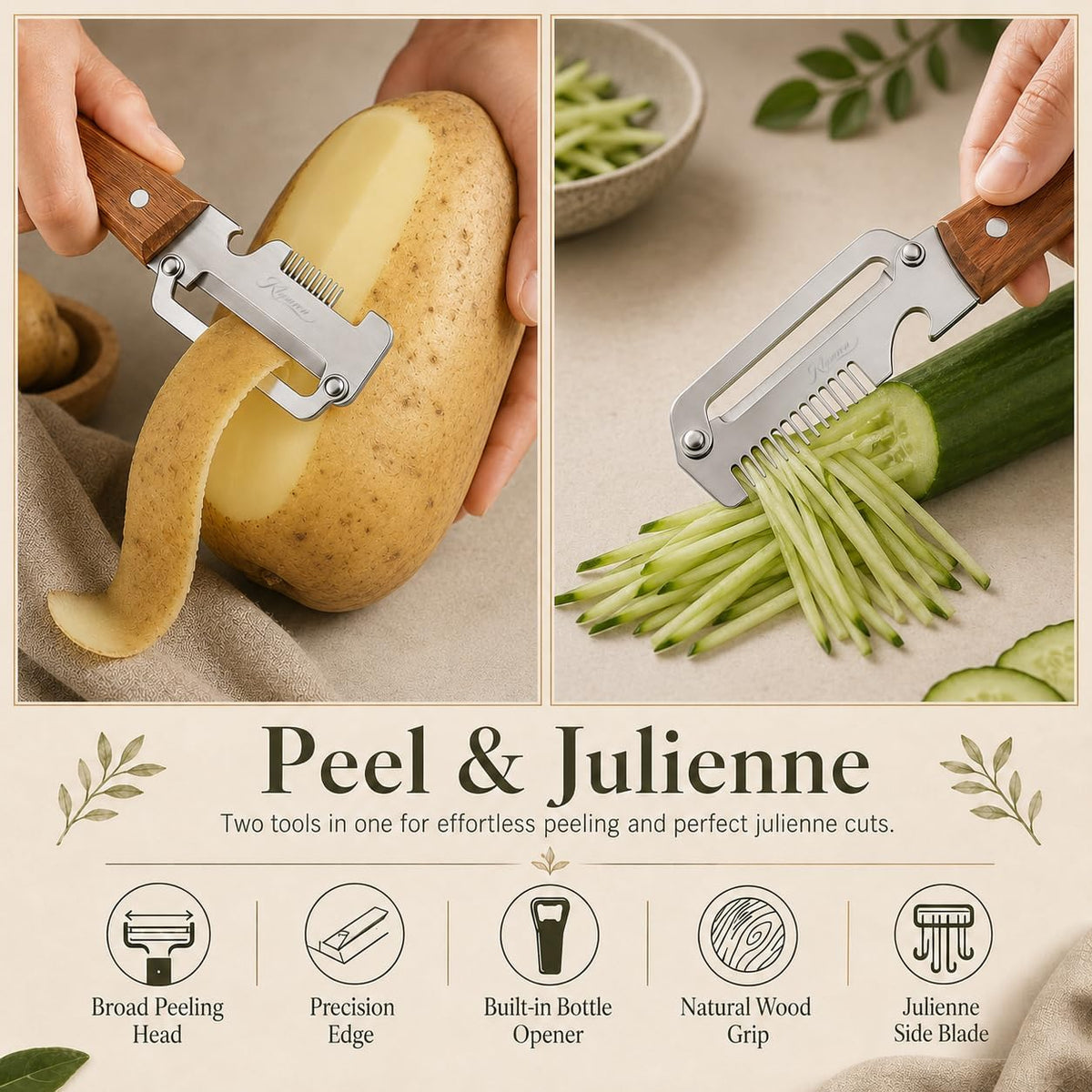 3-in-1 Vegetable Peeler with Bottle Opener, Wooden Handle