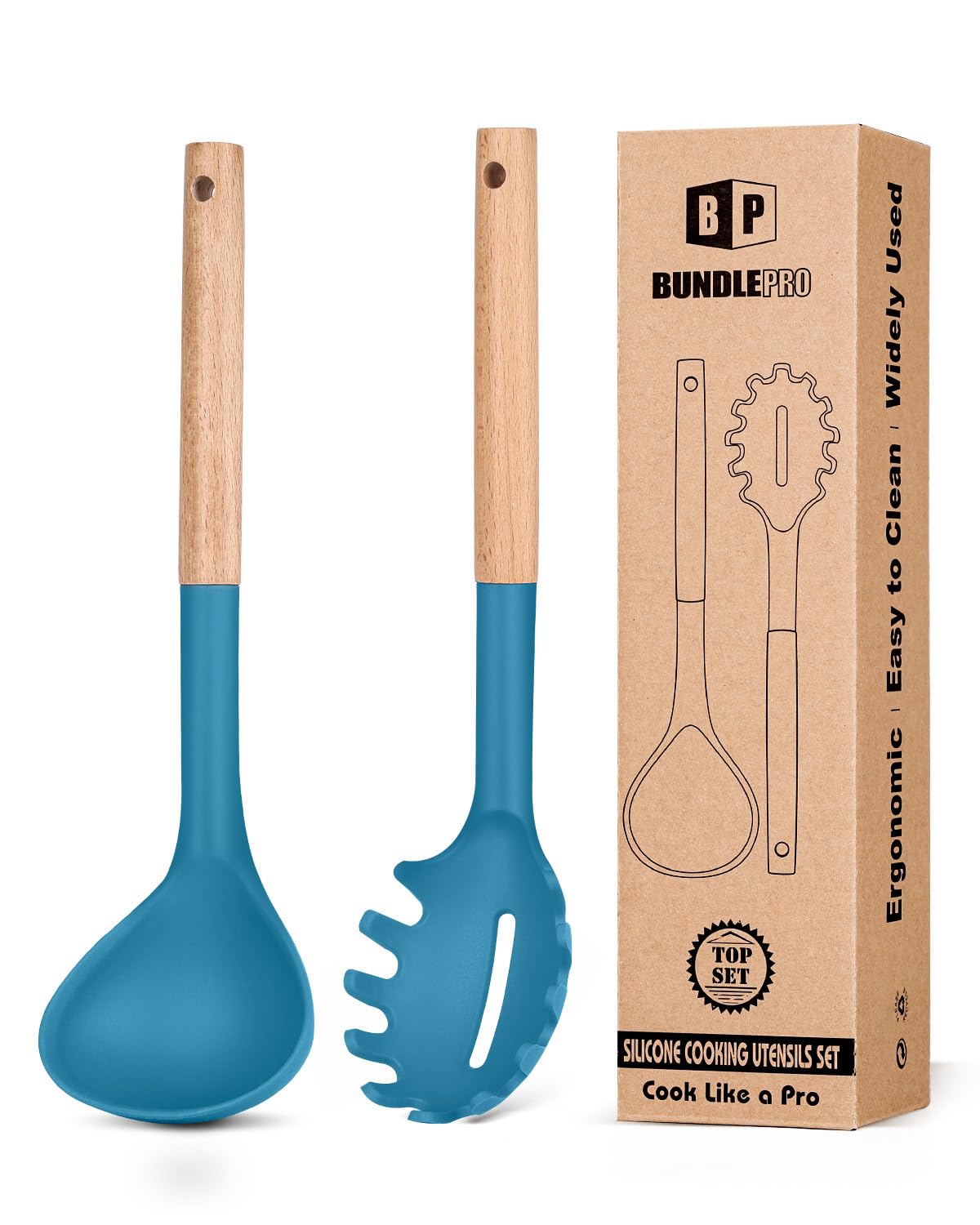 BUNDLEPRO Silicone Soup Ladle and Pasta Spoon Set with Wooden Handle