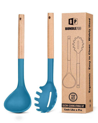 BUNDLEPRO Silicone Soup Ladle and Pasta Spoon Set with Wooden Handle