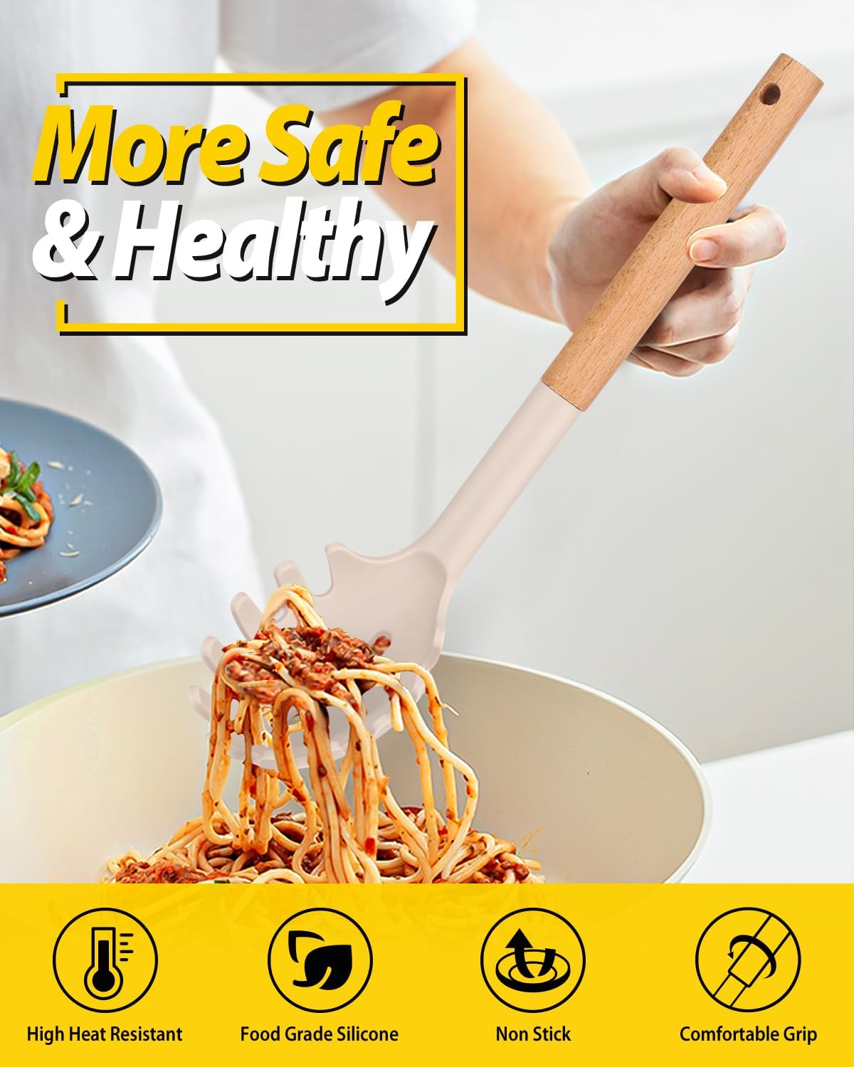 BUNDLEPRO Silicone Soup Ladle and Pasta Spoon Set with Wooden Handle