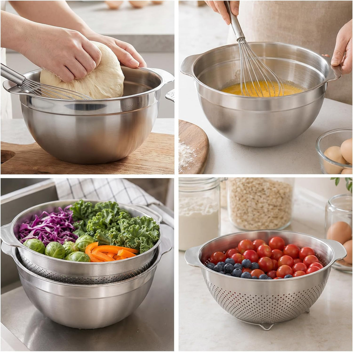 18/8 Stainless Steel Drain Basket with Mixing Bowl, 5QT Large Capacity, Metal Colander and Bowl Set with Handle, Micropore Strainer for Draining Washing Rice Fruit Vegetable, Dishwasher Safe