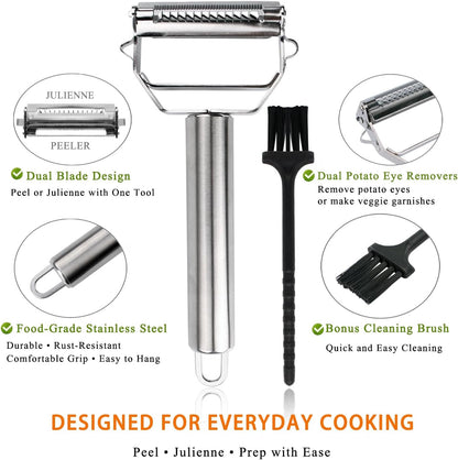 Sunkuka Potato Apple Vegetable Peeler Julienne Peeler for Kitchen - 3 in 1 Y Peeler for Fruit Veggie Carrot Cucumber Zucchini, Sharp Stainless Steel Peeler with Cleaning Brush