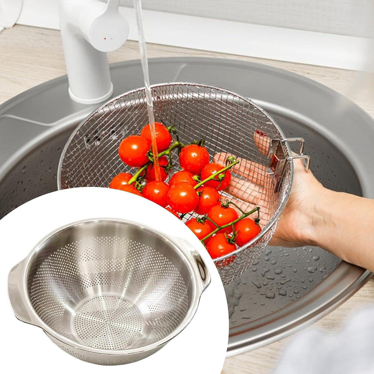 Drain Basket Stainless Steel Colander Strainer with Handle Strainer Basket Vegetable Draining Bowl Sturdy Handles Rust Resistant