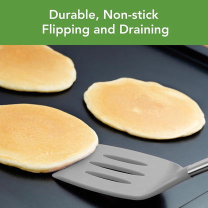 Tovolo Slotted Silicone Spatula Turner Slotted Stainless Steel Handle 10" Black Heat Resistant Non Toxic BPA Free Kitchen Utensil, Scratch Resistant Silicone Pancake Flipper Turner for Cooking
