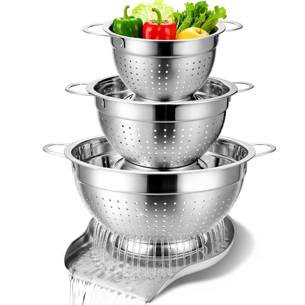 Palksky Stainless Steel Colander Set with Self-Draining Base, 3 Sizes Colanders & Food Strainers for Pasta, Rice, Fruits & Veggies, Metal Colander with Draining Plate for Sink or Countertop