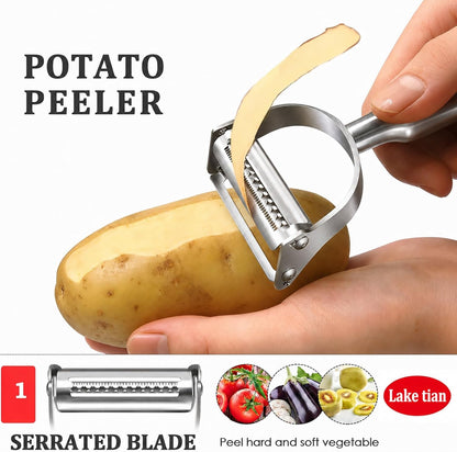 Stainless Steel Vegetable Peeler, 2-in-1 Julienne Peeler & Shredder for Kitchen, Heavy Duty Potato Peeler with Ergonomic Non-Slip Handle, Sharp Serrated Blade for Fruit, Carrot, Cabbage