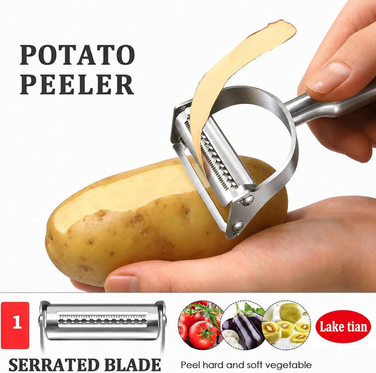 Stainless Steel Vegetable Peeler, 2-in-1 Julienne Peeler & Shredder for Kitchen, Heavy Duty Potato Peeler with Ergonomic Non-Slip Handle, Sharp Serrated Blade for Fruit, Carrot, Cabbage