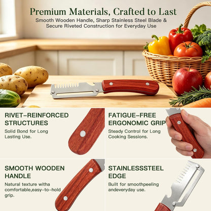 2-Pack 3-in-1 Vegetable Peelers for Kitchen with Wooden Handle, Stainless Steel Blades, Built-in Julienne Cutter & Bottle Opener, Fruit Peeler for Potato, Carrot, Apple, Cucumber & Pumpkin