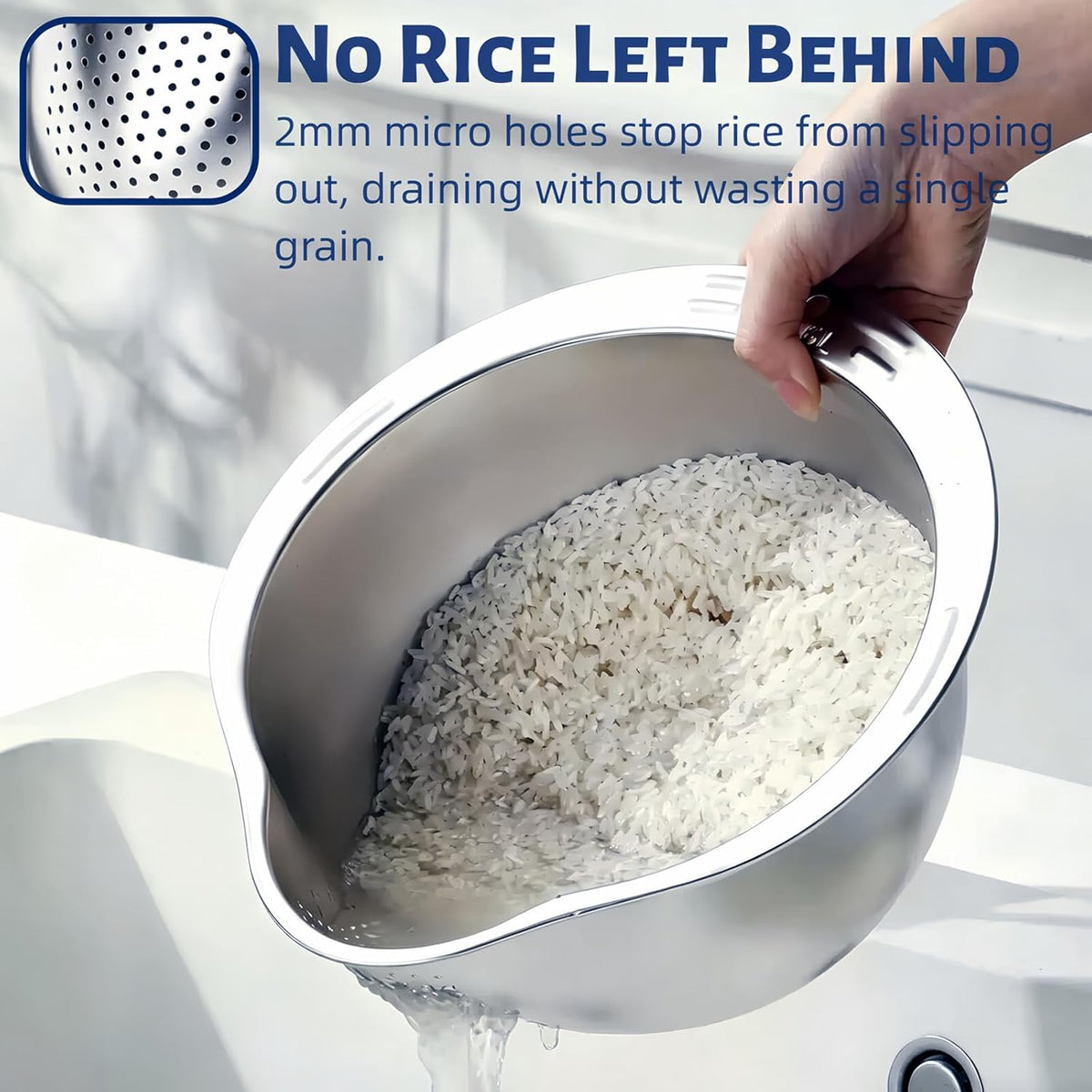 DOPMEP Rice Washer Strainer Bowl Stainless Steel Colander with Side Drainer