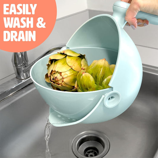 Tasty 2-in-1 Swing Bowl Colander, Built-In Strainer Basket with Handle, Kitchen Hack for Rinsing and Draining for Fruits, Vegetables, and Pasta, 2.1-Quart Bowl + 1.9-Quart Strainer, Aqua