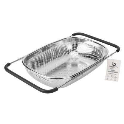 ZDRongZhen Kitchen Accessories Over the Sink Colander Strainer Basket，Stainless Steel Colander with Expandable Rubber Grip Sink Drainer-Rinse Vegetables Fruits &Strain&Drain (Large-Fine mesh)