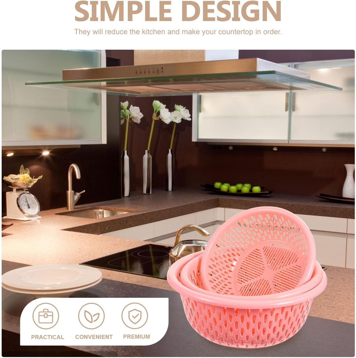 3pcs Plastic Kitchen Colander Set Fruit and Vegetable Washing Basket Strainer over Sink Drainer Food Storage Basket for Home Use Random Color