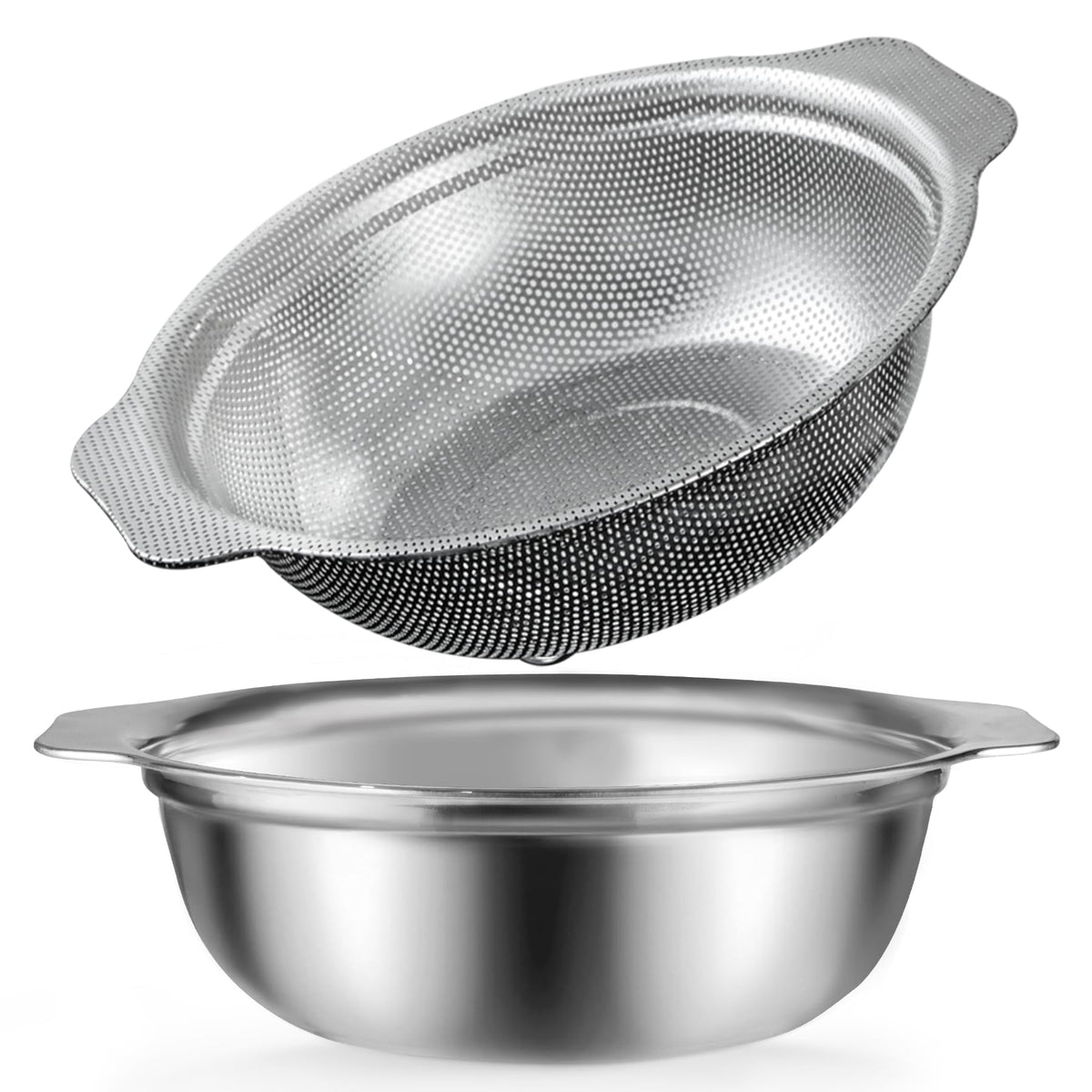 Stainless Steel Colander for Kitchen, 2.5QT Rice Washer Strainer with Mixing Bowl, Colander Bowl Set with Microporous for Washing Rice, Pasta, Spaghetti, Fruits, Dishwasher Safe(2PC)