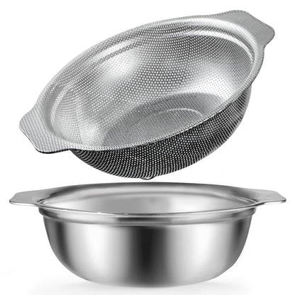Stainless Steel Colander for Kitchen, 2.5QT Rice Washer Strainer with Mixing Bowl, Colander Bowl Set with Microporous for Washing Rice, Pasta, Spaghetti, Fruits, Dishwasher Safe(2PC)