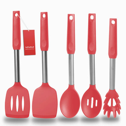 Silicone Spatula and Cooking Spoon,5 Pack Non-Stick Cooking Utensils for Kitchen，Heat Resistant Solid & Slotted Spoons and Spatulas, Stainless Steel Handle Coated with Silicone,Black