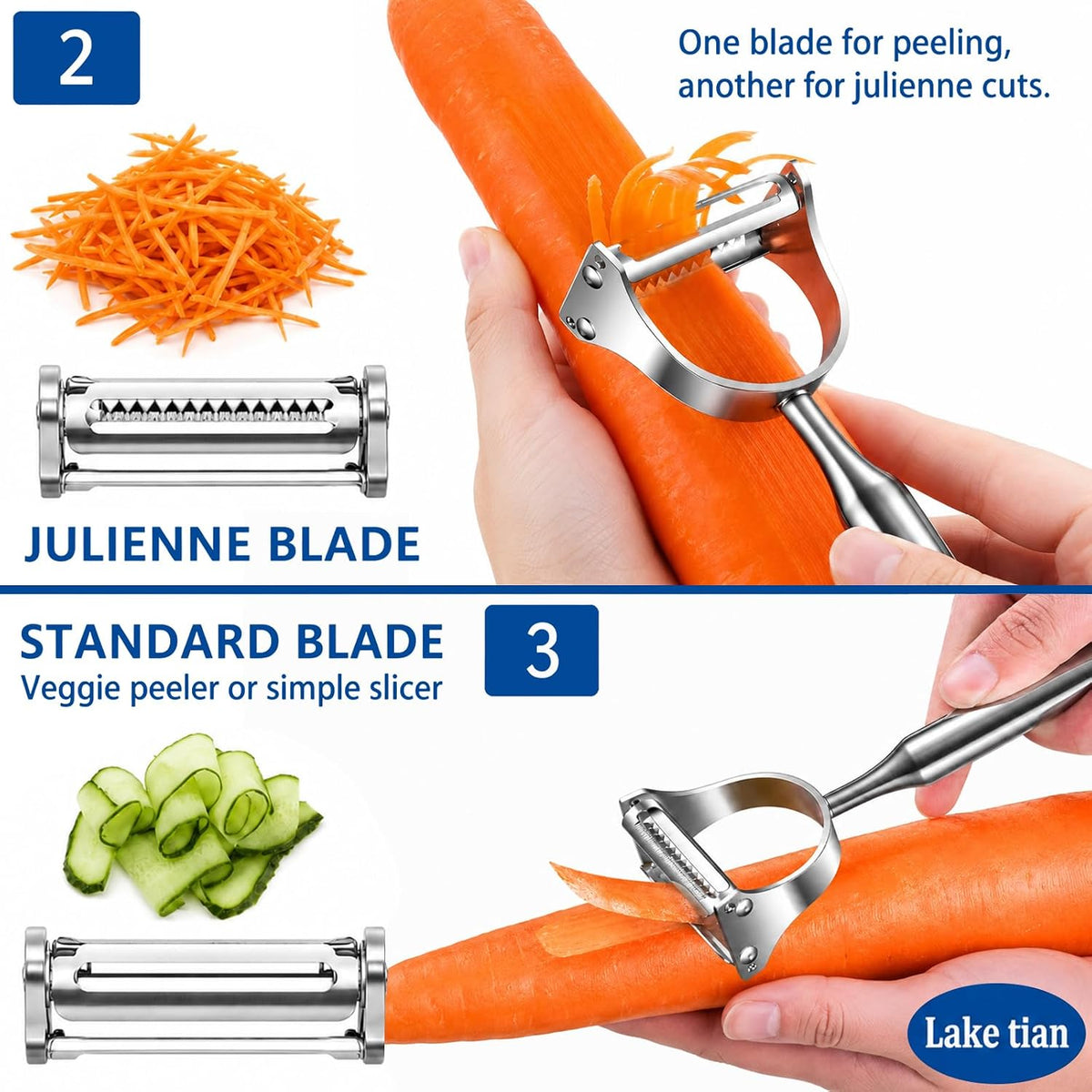 Stainless Steel Vegetable Peeler, 2-in-1 Julienne Peeler & Shredder for Kitchen, Heavy Duty Potato Peeler with Ergonomic Non-Slip Handle, Sharp Serrated Blade for Fruit, Carrot, Cabbage