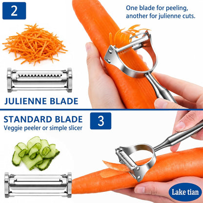 Stainless Steel Vegetable Peeler, 2-in-1 Julienne Peeler & Shredder for Kitchen, Heavy Duty Potato Peeler with Ergonomic Non-Slip Handle, Sharp Serrated Blade for Fruit, Carrot, Cabbage