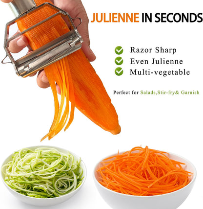 Sunkuka Potato Apple Vegetable Peeler Julienne Peeler for Kitchen - 3 in 1 Y Peeler for Fruit Veggie Carrot Cucumber Zucchini, Sharp Stainless Steel Peeler with Cleaning Brush