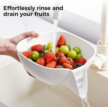Dizada Ceramic Drain Basket 60 Oz - Porcelain Colander with Integrated Spout for Kitchen, Food Strainer for Vegetables, Fruit, Pasta, Heat-Resistant Dishwasher Safe