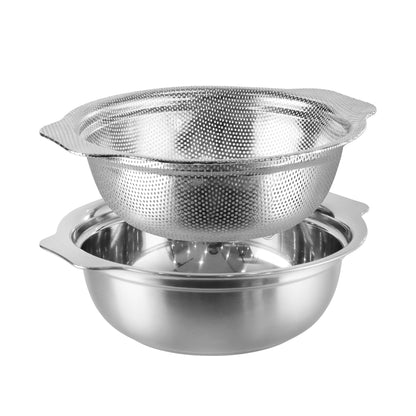 Stainless Steel Colander for Kitchen, 2.5QT Rice Washer Strainer with Mixing Bowl, Colander Bowl Set with Microporous for Washing Rice, Pasta, Spaghetti, Fruits, Dishwasher Safe(2PC)