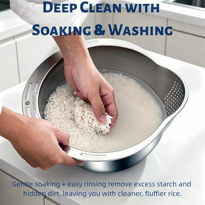DOPMEP Rice Washer Strainer Bowl Stainless Steel Colander with Side Drainer