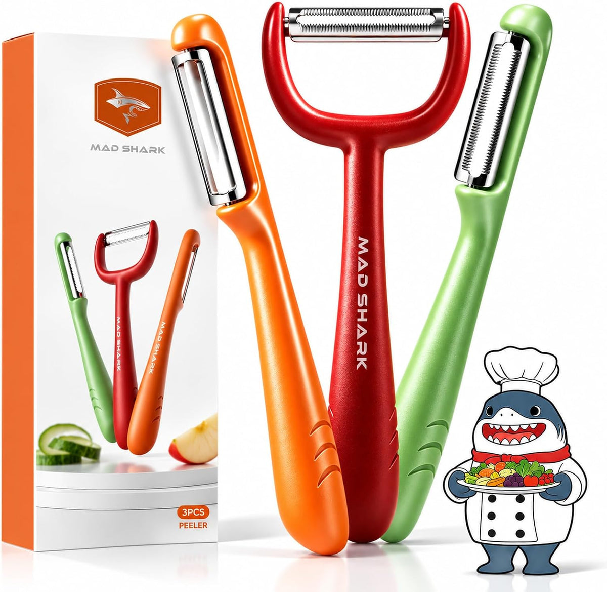 MAD SHARK 3-Piece Vegetable Peeler Set, Straight & Serrated Potato Peelers