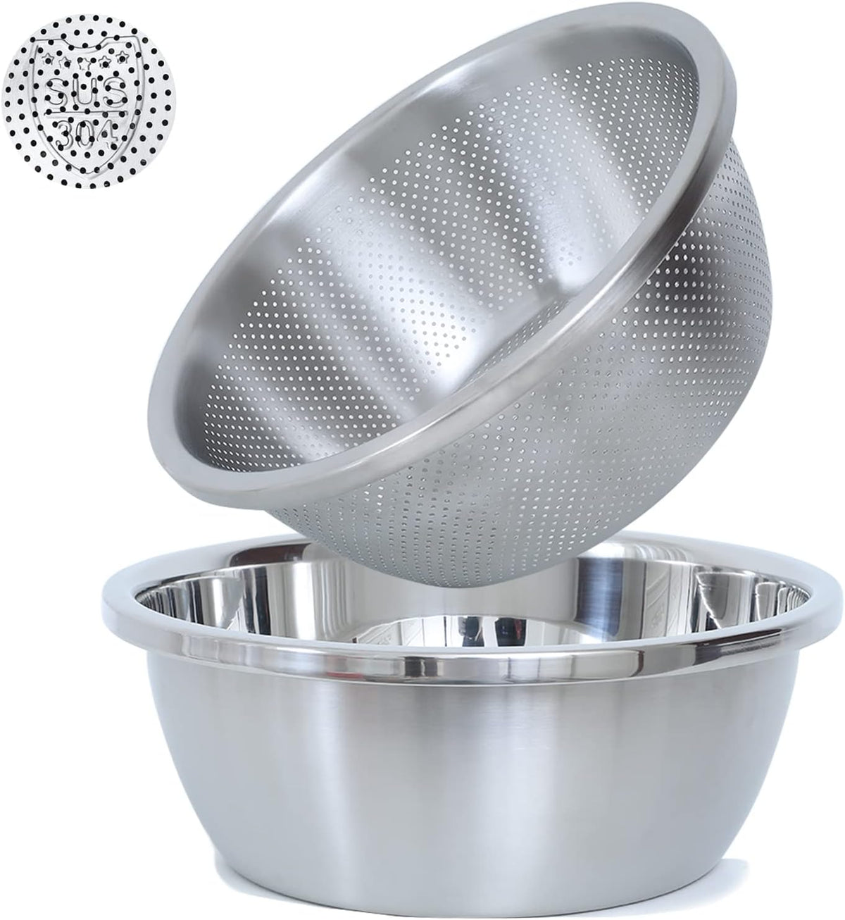 Paoli 304 Stainless Steel Fine Mesh Colander Set, 2QT Large Capacity Strainer with Mixing Bowl — Rinse Fruits, Veggies, Rice & Drain Pasta, Dishwasher Safe (2-Piece)
