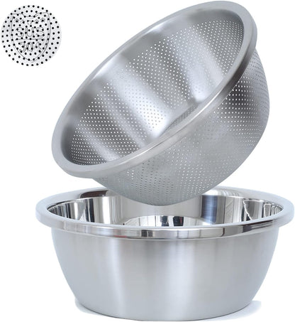 Paoli 304 Stainless Steel Fine Mesh Colander Set, 2QT Large Capacity Strainer with Mixing Bowl — Rinse Fruits, Veggies, Rice & Drain Pasta, Dishwasher Safe (2-Piece)