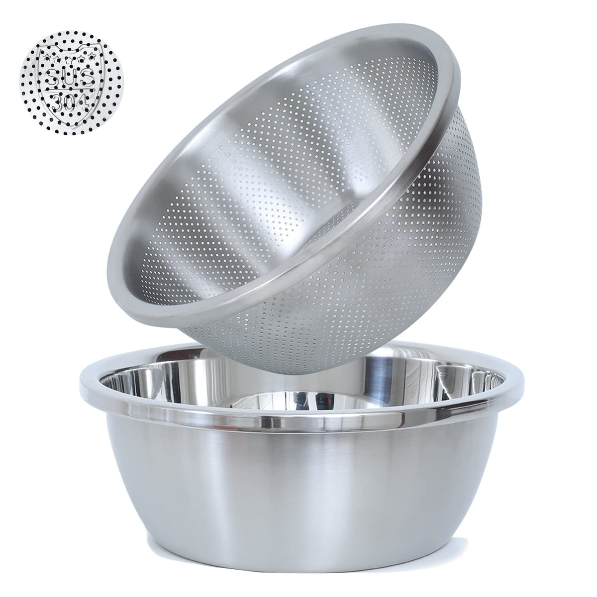 Paoli 304 Stainless Steel Fine Mesh Colander Set, 2QT Large Capacity Strainer with Mixing Bowl — Rinse Fruits, Veggies, Rice & Drain Pasta, Dishwasher Safe (2-Piece)