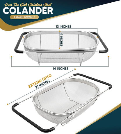 Over the Sink Colander for Kitchen - 6 Quart Over the Sink Strainer Basket with Extendable Ergonomic Handles and Resting Feet - Multipurpose Fine Mesh Strainer for Kitchen