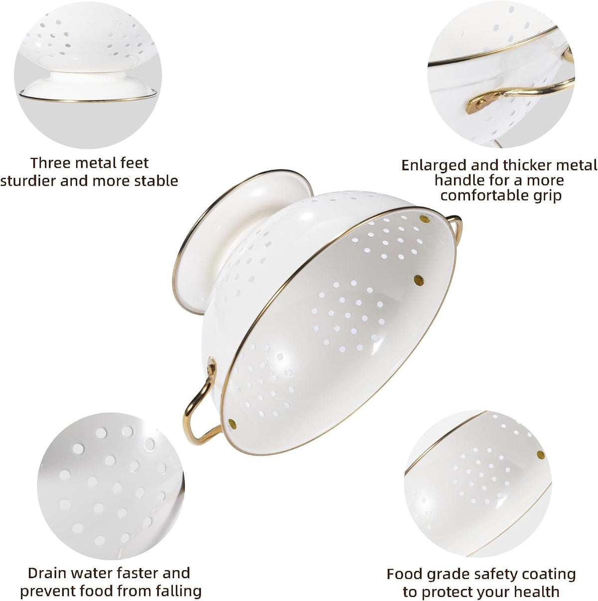 Metal Colander Set of 3, Strainer Basket with Handles perfect for Spaghetti, Pasta, Berry, Vegetable, Fruit, Solid Base Powder Coated Kitchen Essential Strainer Set, 1 & 3.5 & 5 Qt (Cream)