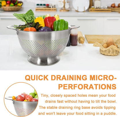 Stainless Steel Colander for Kitchen | 5 Quart Durable Rice and Pasta Strainer with Handle | Oversized Handles | Nesting Design | Rust-Resistant & Dishwasher Safe