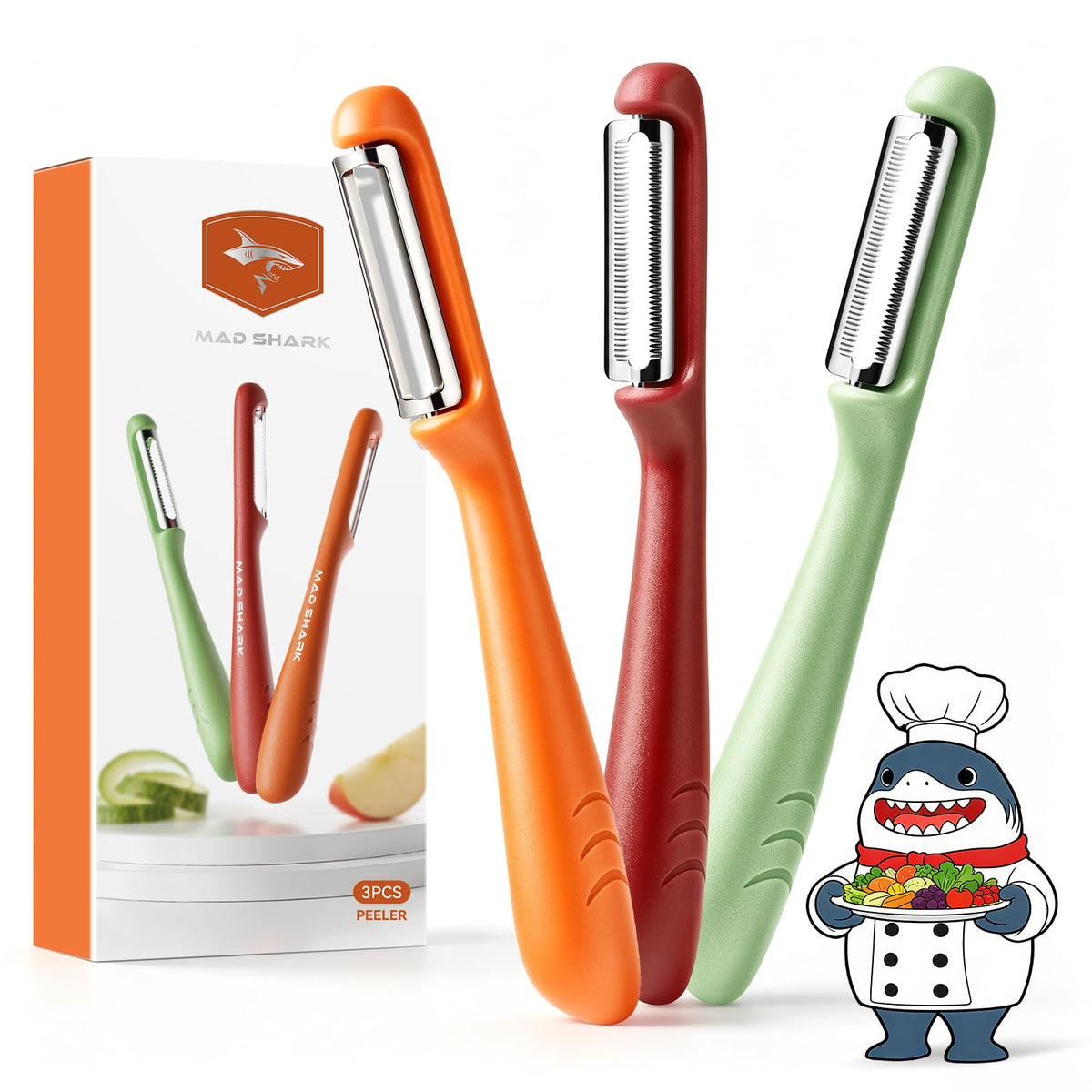 MAD SHARK 3-Piece Vegetable Peeler Set, Straight & Serrated Potato Peelers