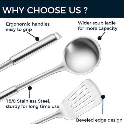 18/0 Stainless Steel Kitchen Cooking Utensil Set, Ergonomic Handle, Dishwasher Safe, Slotted Spoon, Ladle, Turner, Serving Spoon for Housewarming Daily Use Commercial, Pack of 4