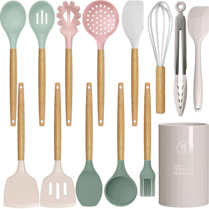 oannao Silicone Cooking Utensils Kitchen Utensil Set - 446°F Heat Resistant Silicone Kitchen Utensils Set, Spatula,Turner Tongs, Spoon, Whisk,Kitchen Gadgets for Nonstick Cookware, BPA Free (Gray)