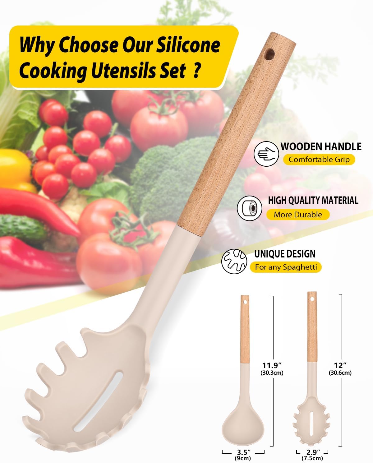 BUNDLEPRO Silicone Soup Ladle and Pasta Spoon Set with Wooden Handle