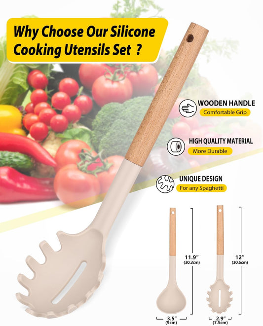 BUNDLEPRO Silicone Soup Ladle and Pasta Spoon Set with Wooden Handle
