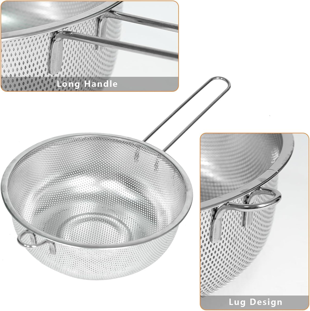 Metal Fine Mesh Strainer and Colander for Kitchen with Handle, Stainless Steel Pasta Strainer/Kitchen Funnel/Collander/Sifter for Strain/Wash Vegetables, Fruits, Spaghetti, Rice (10.2＂)
