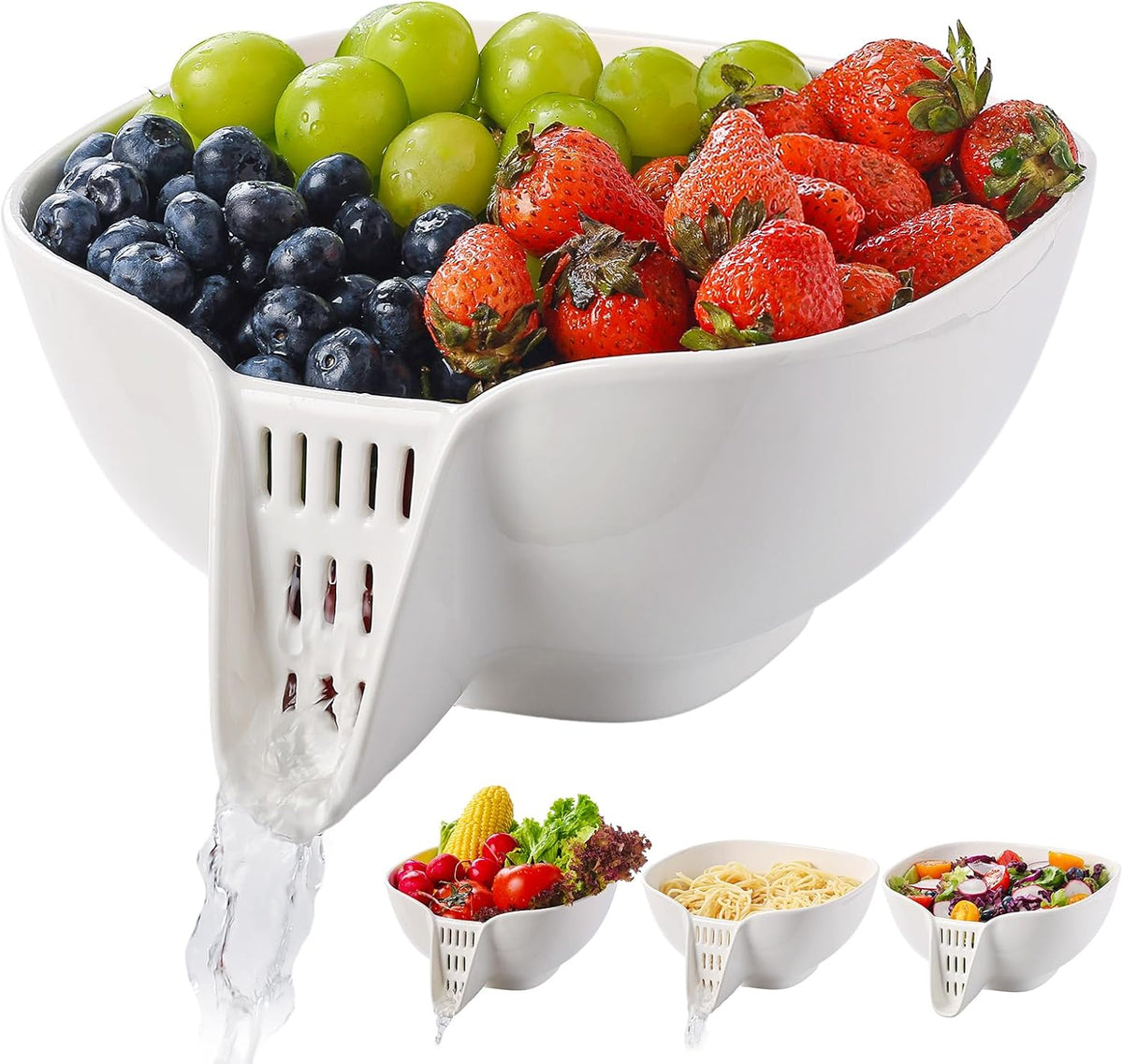 Dizada Ceramic Drain Basket 60 Oz - Porcelain Colander with Integrated Spout for Kitchen, Food Strainer for Vegetables, Fruit, Pasta, Heat-Resistant Dishwasher Safe