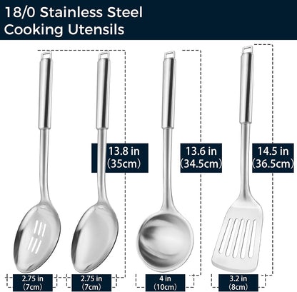 18/0 Stainless Steel Kitchen Cooking Utensil Set, Ergonomic Handle, Dishwasher Safe, Slotted Spoon, Ladle, Turner, Serving Spoon for Housewarming Daily Use Commercial, Pack of 4