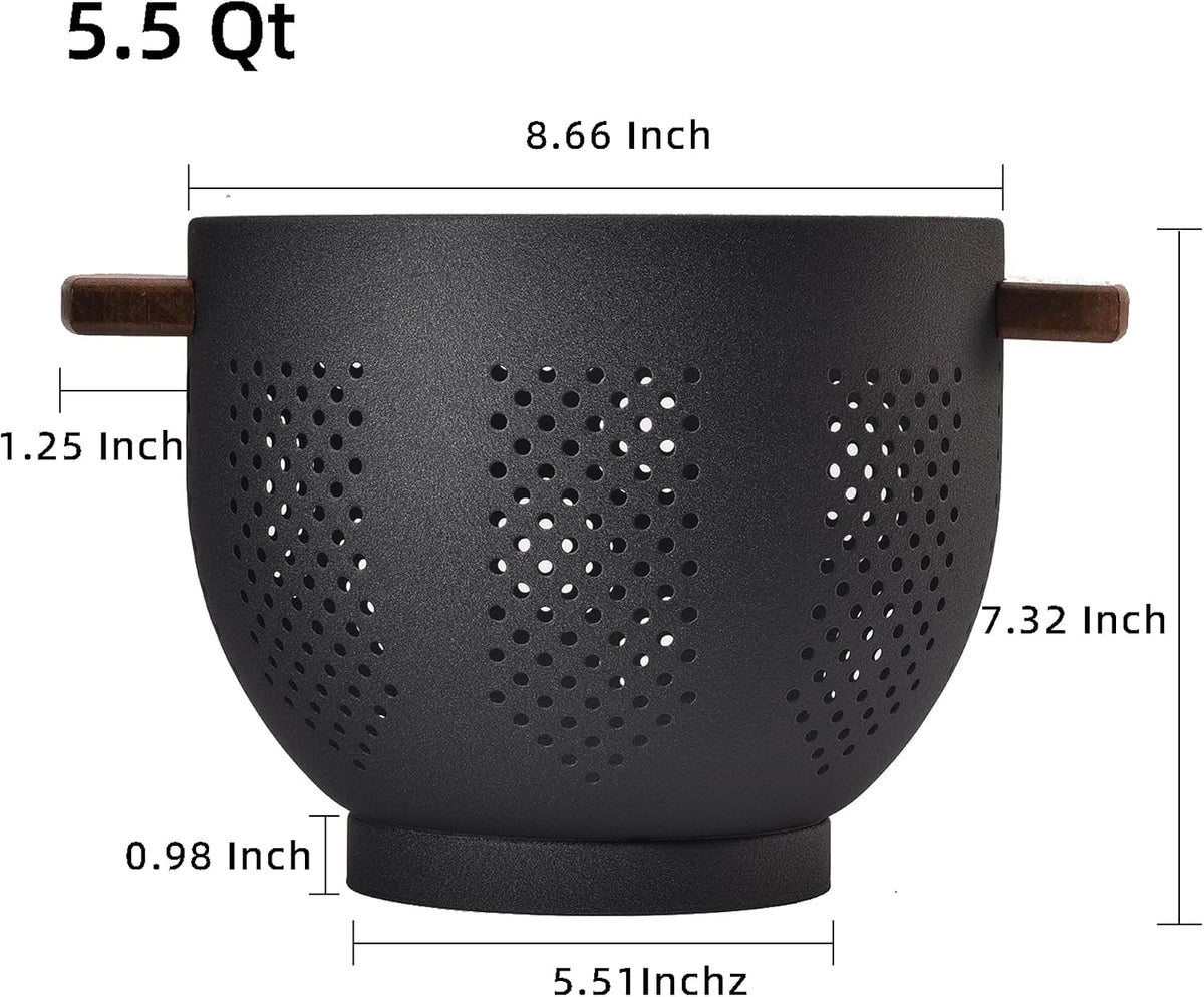 Metal Colander with Wood Handle and Stable Base, Powder Coated Steel Kitchen Strainer Basket for Draining Pasta, Vegetable and fruit(5.5quart,Matte Black)
