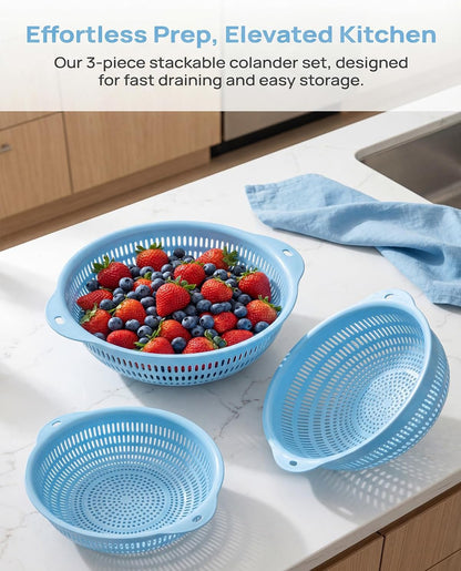 Washing basket, round perforated strainer, washing vegetables and fruits, draining cooked noodles with handle, kitchen food filter basket, plastic filter basket, cooking (3PCS blue)