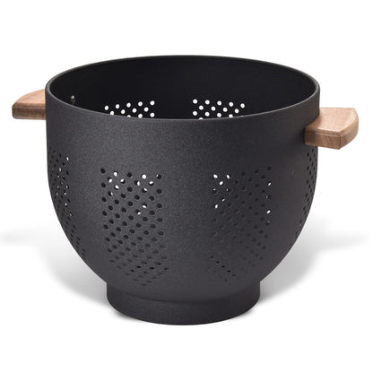 Metal Colander with Wood Handle and Stable Base, Powder Coated Steel Kitchen Strainer Basket for Draining Pasta, Vegetable and fruit(5.5quart,Matte Black)