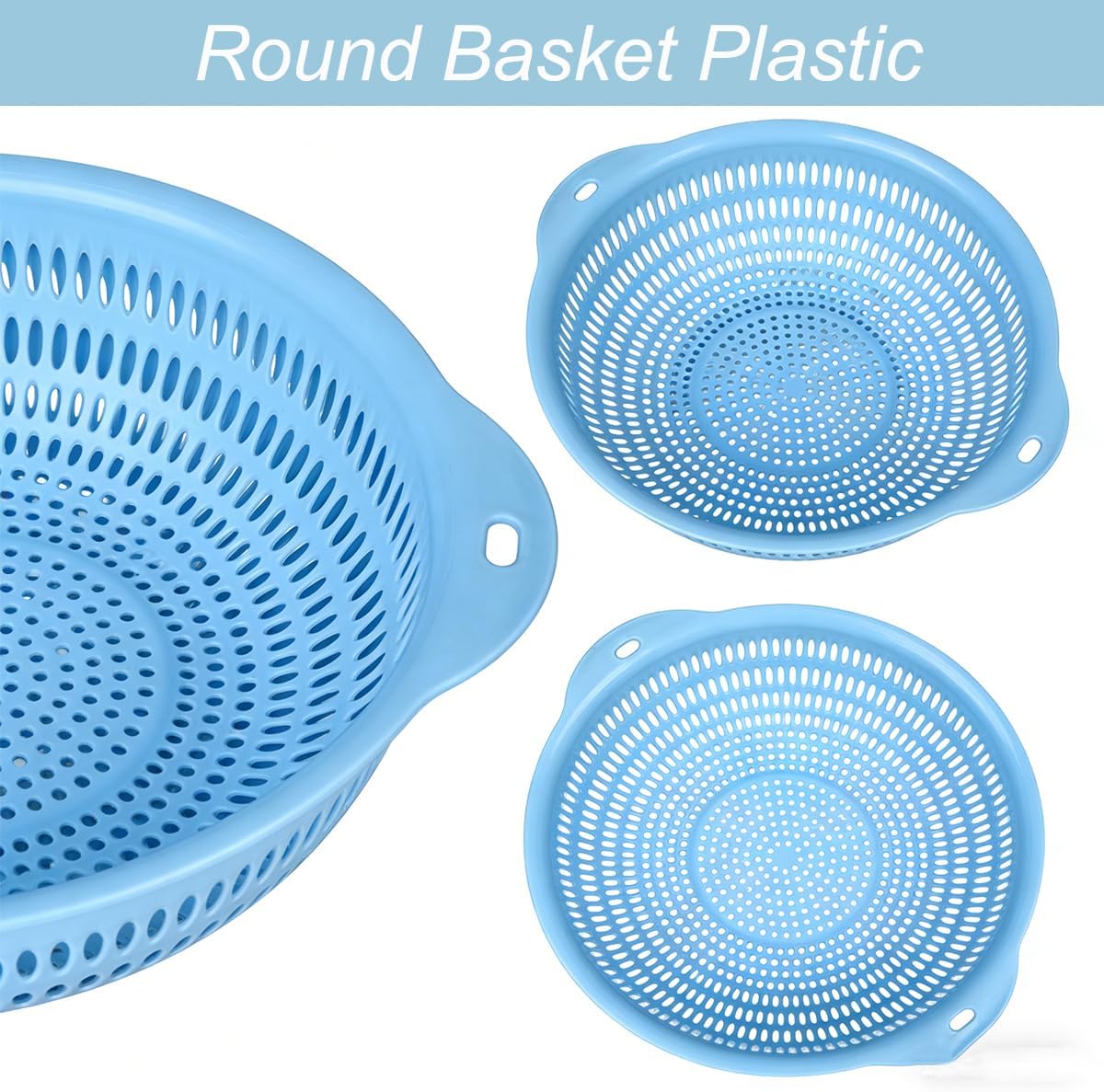 Washing basket, round perforated strainer, washing vegetables and fruits, draining cooked noodles with handle, kitchen food filter basket, plastic filter basket, cooking (3PCS blue)