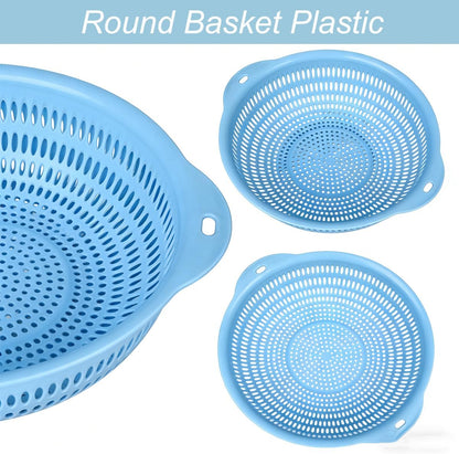 Washing basket, round perforated strainer, washing vegetables and fruits, draining cooked noodles with handle, kitchen food filter basket, plastic filter basket, cooking (3PCS blue)