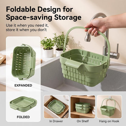 Foldable Hanging Sink Drain Basket – Stretchable Kitchen Colander with Flip Cover, Space-Saving Food Strainer & Multi-Functional Faucet Storage Rack, Draining for Fruits, Vegetables, Utensils (Green)