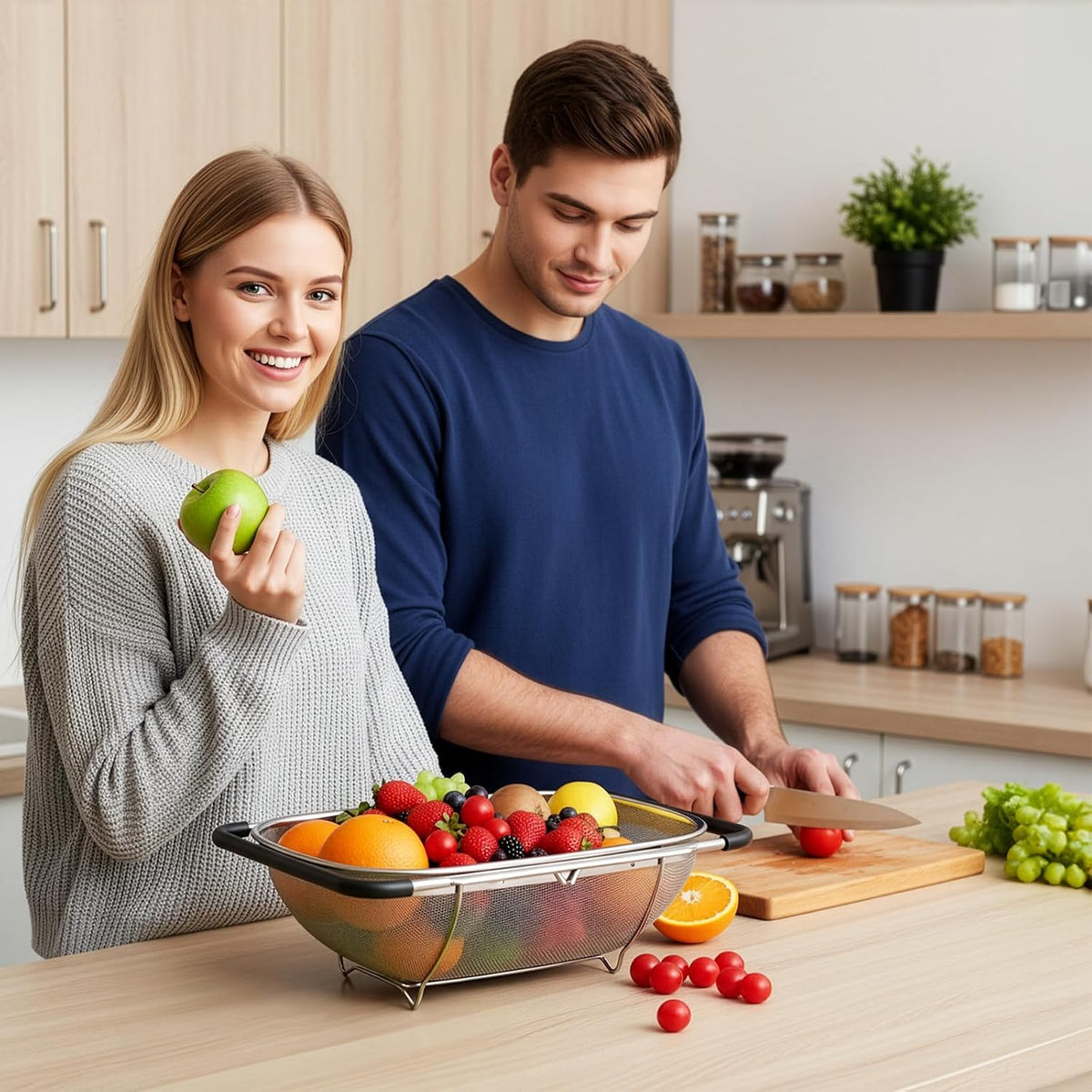2 Pack Over the Sink Oval Colander for Kitchen, Stainless Steel Fine Mesh 6 Quart Strainer Basket with Expandable Rubber Grip Handles for Straining, Draining, Rinsing Fruits, Vegetables