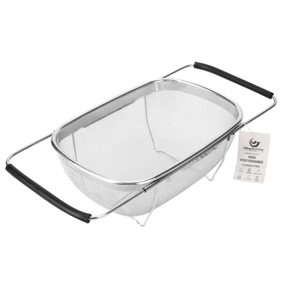 ZDRongZhen Kitchen Accessories Over the Sink Colander Strainer Basket，Stainless Steel Colander with Expandable Rubber Grip Sink Drainer-Rinse Vegetables Fruits &Strain&Drain (Large-Fine mesh)