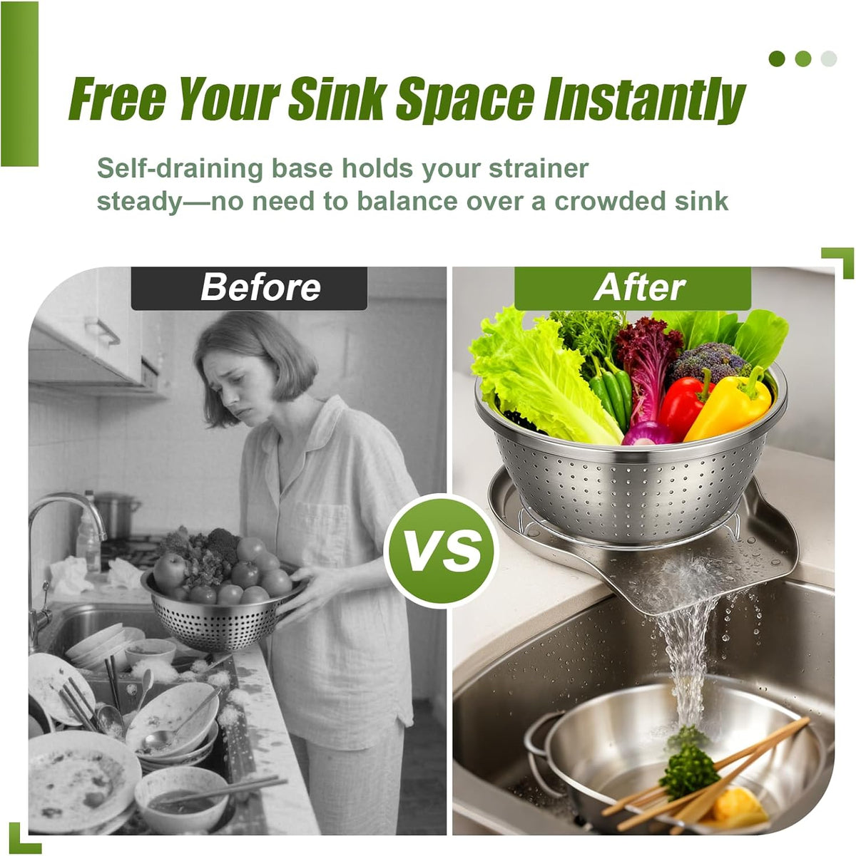 Palksky Stainless Steel Colander Set with Self-Draining Base, 3 Sizes Colanders & Food Strainers for Pasta, Rice, Fruits & Veggies, Metal Colander with Draining Plate for Sink or Countertop