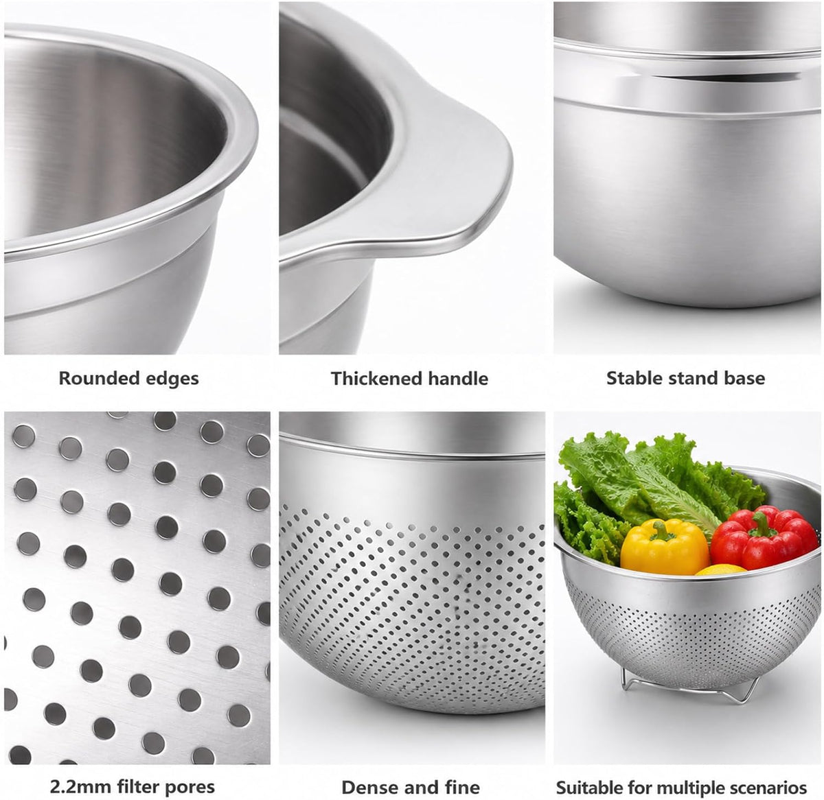 18/8 Stainless Steel Drain Basket with Mixing Bowl, 5QT Large Capacity, Metal Colander and Bowl Set with Handle, Micropore Strainer for Draining Washing Rice Fruit Vegetable, Dishwasher Safe